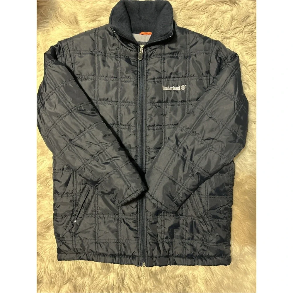 Timberland Youth Quited Puffer Jacket Large 16/18 Navy‎ Fleece Lined Zip Pockets